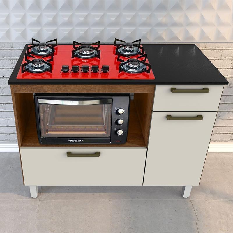 Kit Balcão Cooktop 2 Porta 1 Gav. Natura/off White C/fogão Cooktop